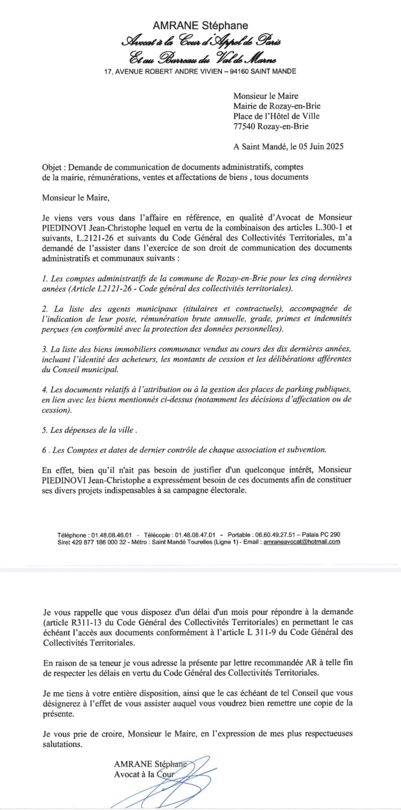 Courrier de Maitre Stéphane Amrane - Avocat concernant la Mairie de Rozay-en-Brie